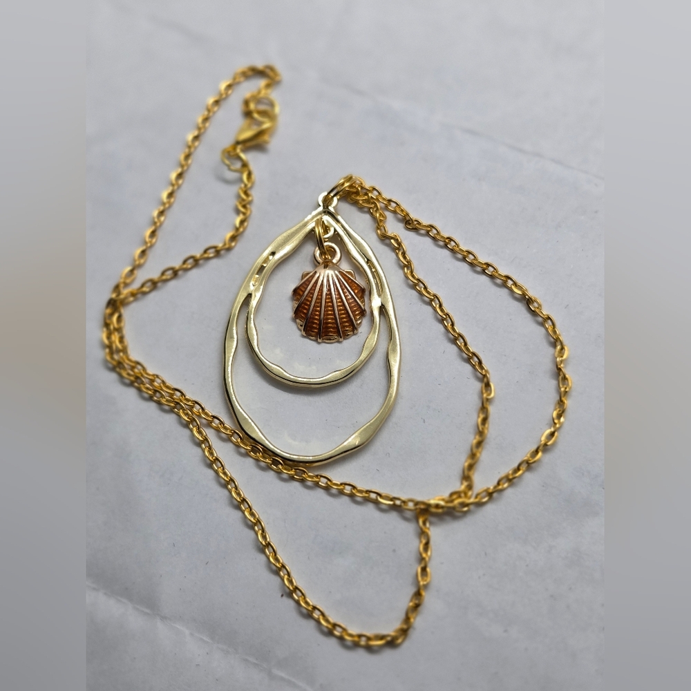 Gold-Tone Double Teardrop Necklace with Shell Pendant